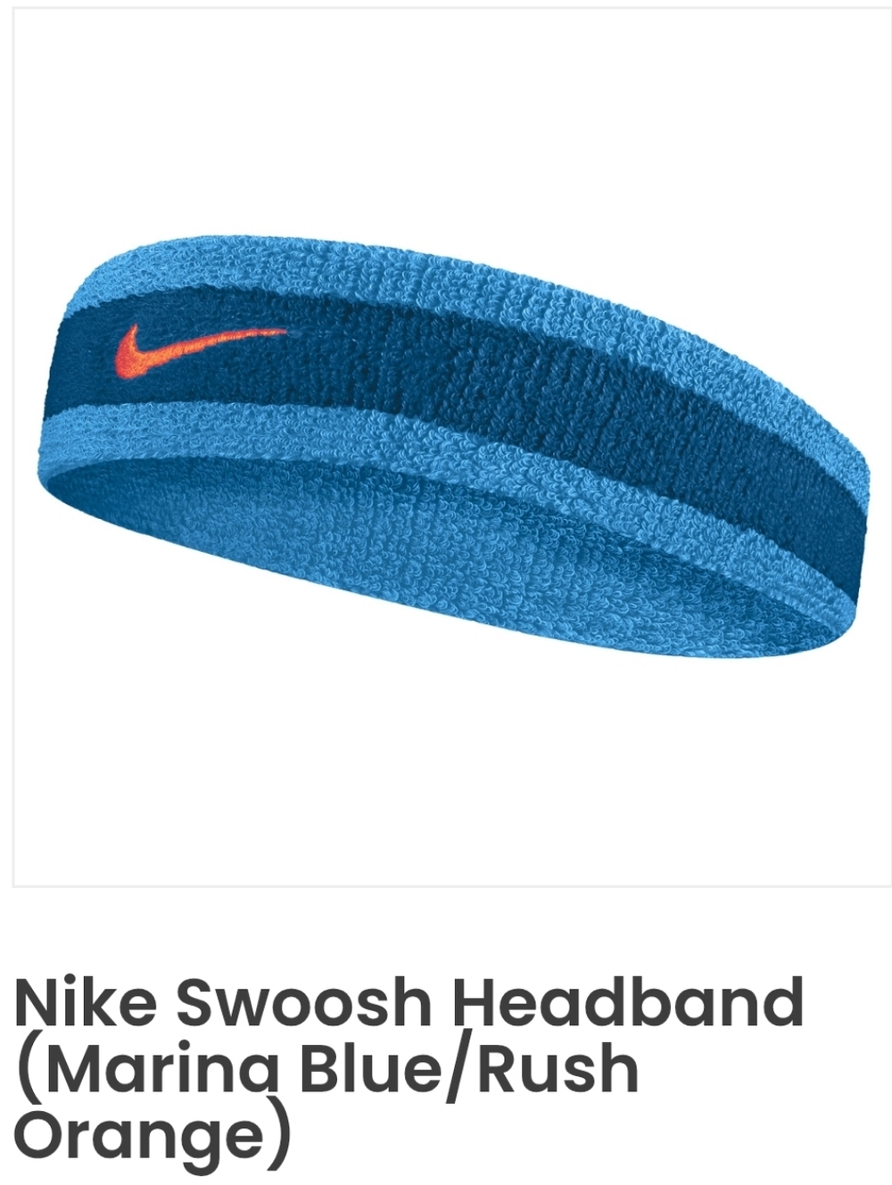 NWT Unisex Nike Headband in Light Blue with Dark Blue Stripe and Orange Swoosh